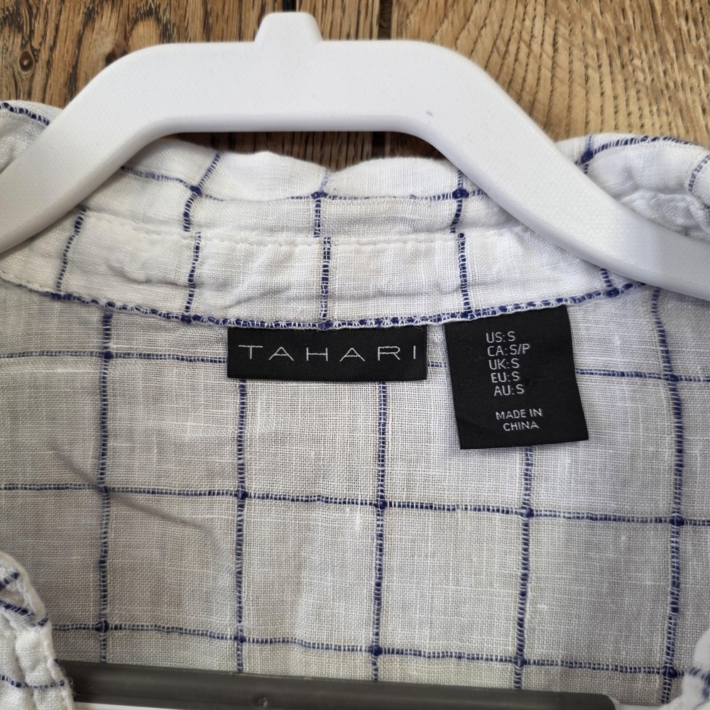 Tahari 100% Linen Tunic Top Women S White Check Collared Beachy Resort Lagenlook - Picture 3 of 8